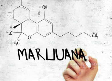 The word 'marijuana' over a picture of the molecular structure of marijuana'